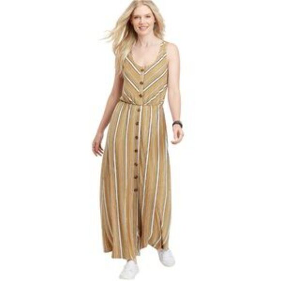 Maurices Plus XXL Mustard striped Button Front Maxi Dress Sleeveless - Picture 1 of 6